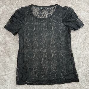 Vtg Black Sheer Floral Lace Short Sleeve Blouse Top Size M AB Studio Goth Glam